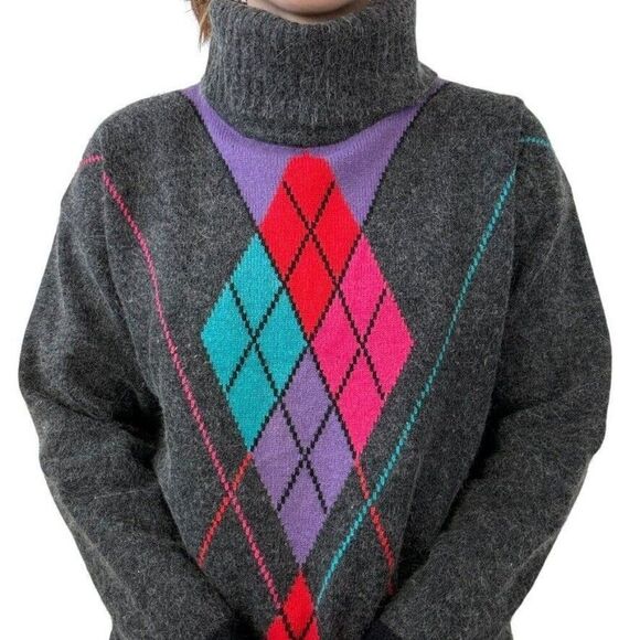 Valerie Stevens Gray Angora Wool Preppy Argyle Dark Academia Turtleneck Sweater - Picture 3 of 7
